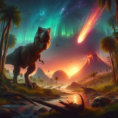 Tyrannosaurus rex facing meteor impact