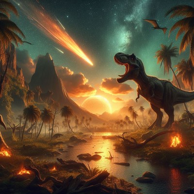 T-rex at sunset with meteor