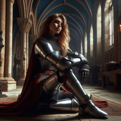 Female knight resting in cathedral