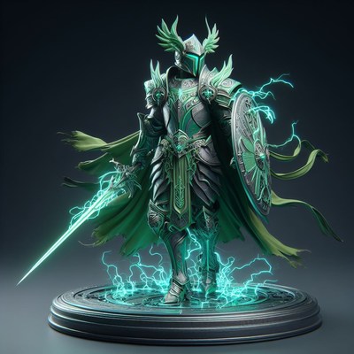Green knight statue with lightning