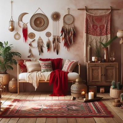 Bohemian living room with red rug