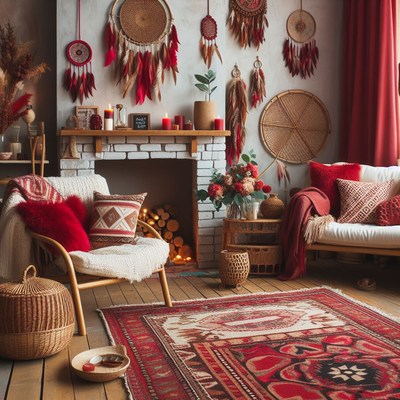 Boho living room with fireplace and rug
