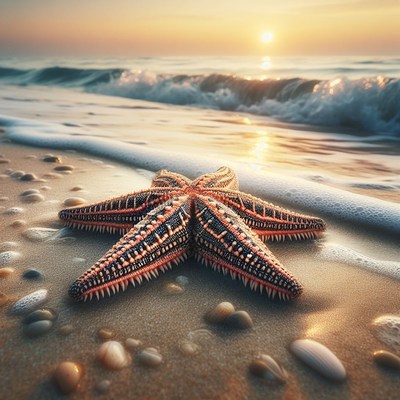 Starfish on sandy beach at sunset