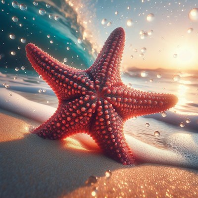 Starfish on beach at sunset