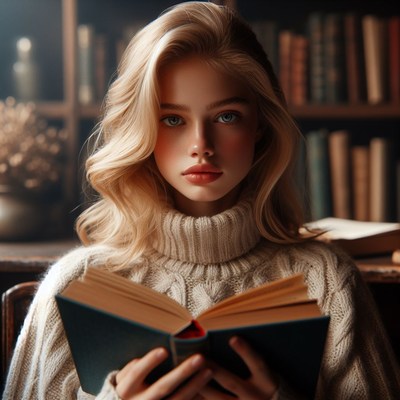 Blonde woman reading a book in a library