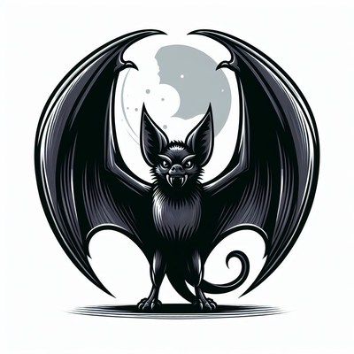 Black bat with spread wings in front of moon