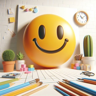 Smiling emoji on desk with art supplies