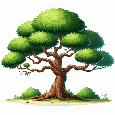 Large green tree with twisted branches