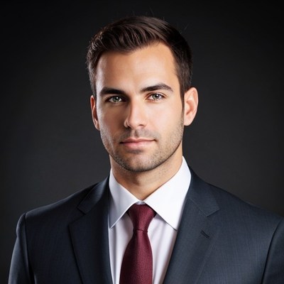 Man in suit against a black background