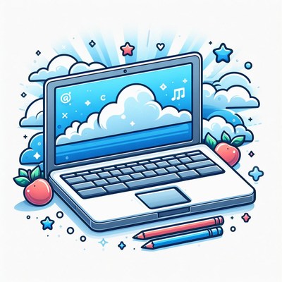 Laptop with cloud background and pencils