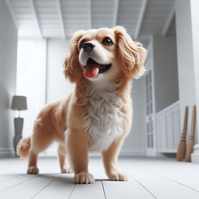 Happy dog standing on white floor