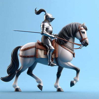 Knight riding white horse on blue background