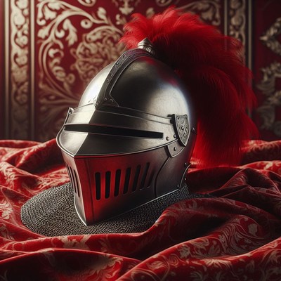 Medieval knight helmet with red plume
