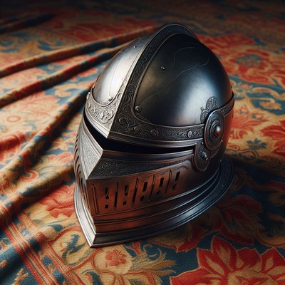 Ornate medieval helmet on fabric