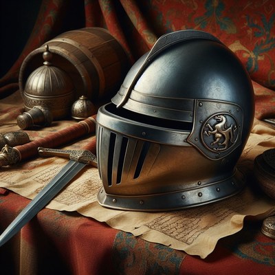 Medieval knight helmet and sword