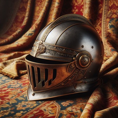 Medieval knight helmet on tapestry