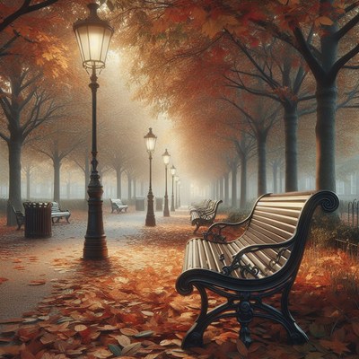 Autumnal park bench with streetlights