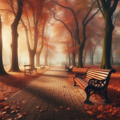 Autumn park path with benches