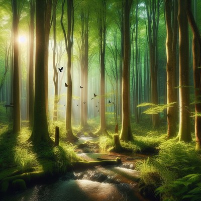 Sunlight through forest trees