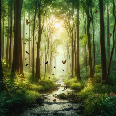 Sunlit forest path with butterflies