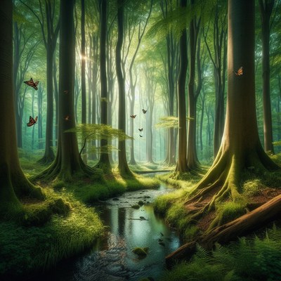 Sunny morning in a green forest