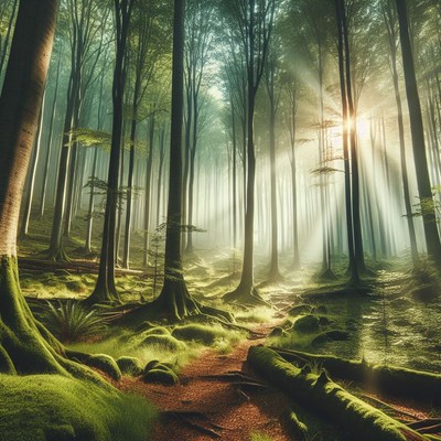 Sunbeams through forest trees