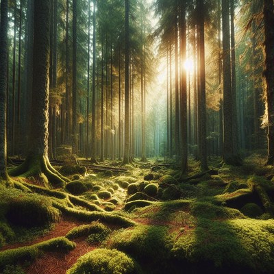 Sunlight through forest trees