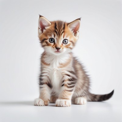 Tabby kitten sitting on white background