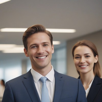 Smiling businessman and woman in office