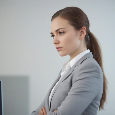 Woman in gray suit with arms crossed