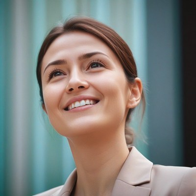 Woman smiling upward in front of teal wall