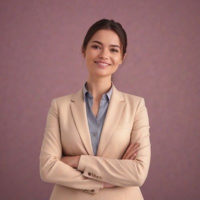 Smiling woman in beige suit
