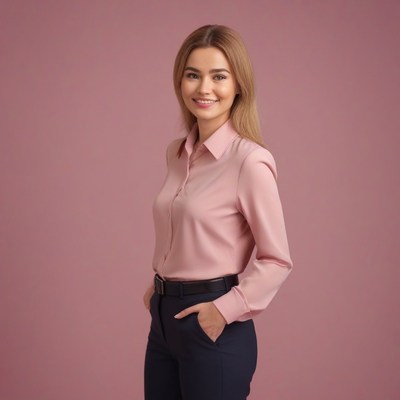 Woman in pink shirt posing against pink background