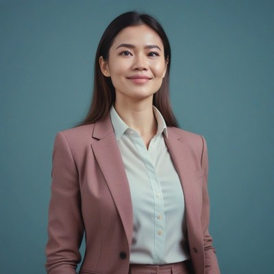 Woman in pink suit smiling against teal background