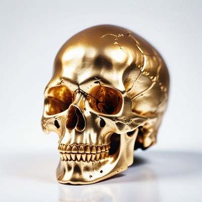 Golden human skull on white background