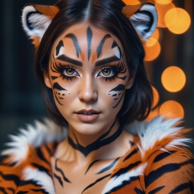 Woman in tiger makeup and costume