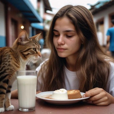 Woman and cat share a meal