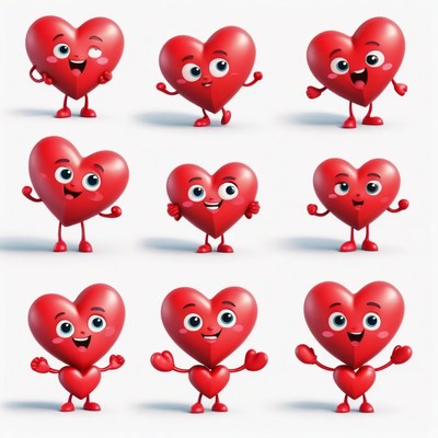Nine red heart characters posing