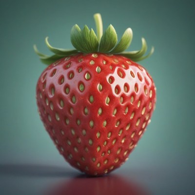 Single red strawberry on teal background