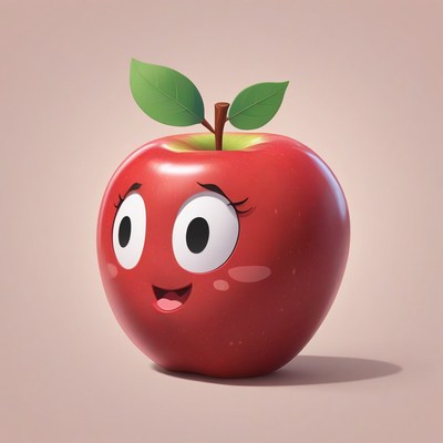 Smiling red apple with green leaves