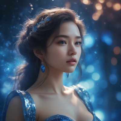 Woman in blue dress with sparkly background