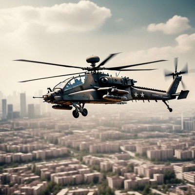 Military helicopter flying over city