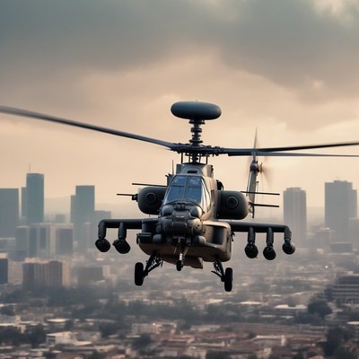 Apache helicopter flying over city
