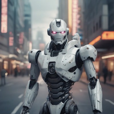 White robot in city street