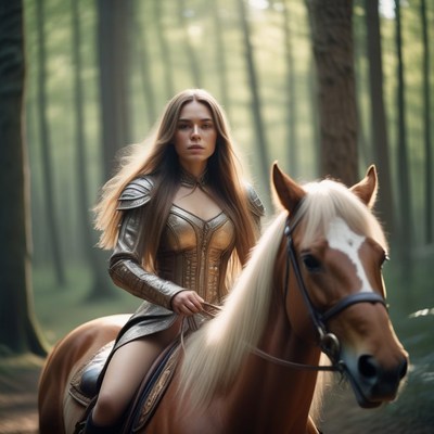 Woman in armor riding horse in forest