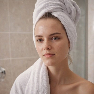 Woman in white towel after shower