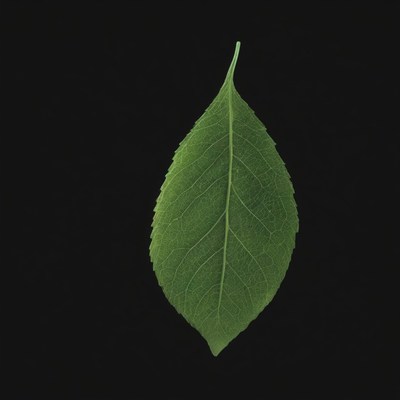 Single green leaf against black background
