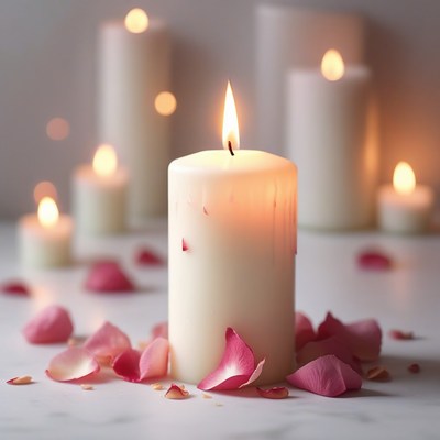 Burning candle with rose petals