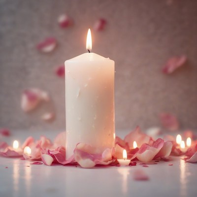 Burning candle with rose petals