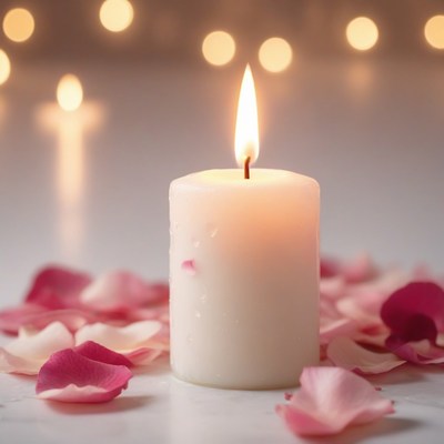 Lit candle with rose petals